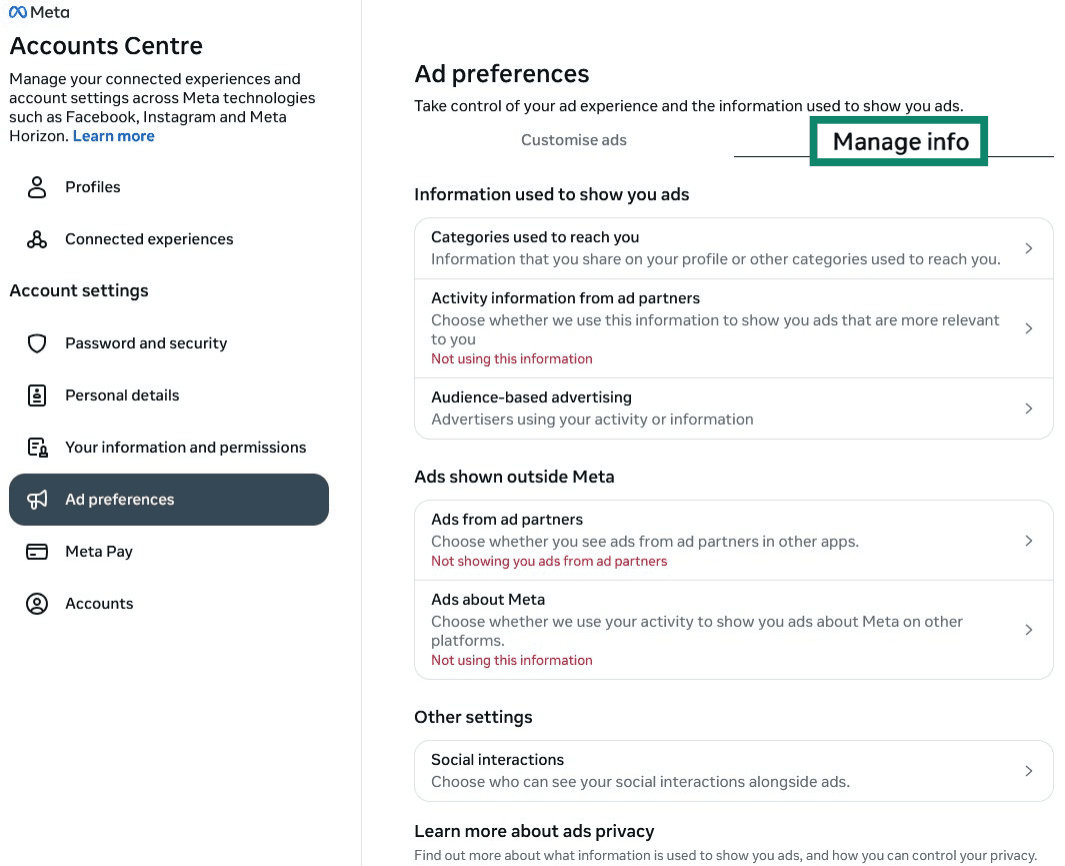 Facebook Ad preferences settings.