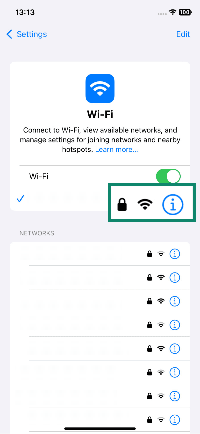 The Wi-Fi settings page of an iOS device, showing the small "i" button next to the active network.