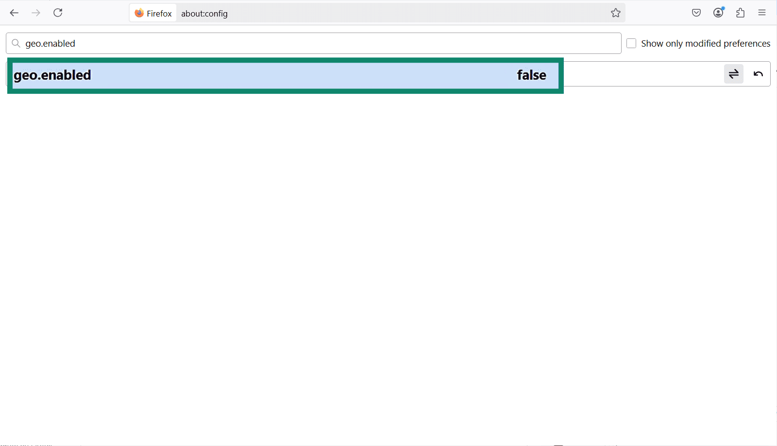 The Firefox about:config menu with Geo.enabled highlighted.