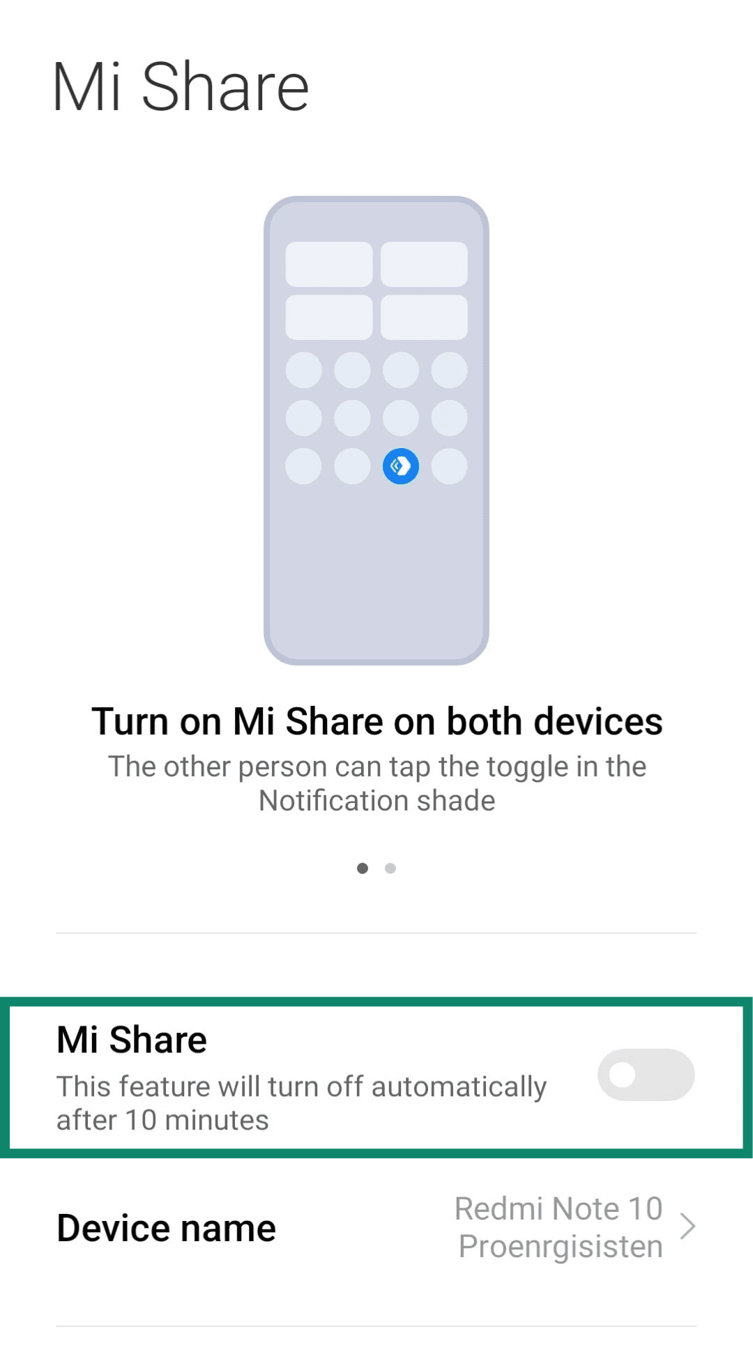 Android screen showing Mi Share untoggled.