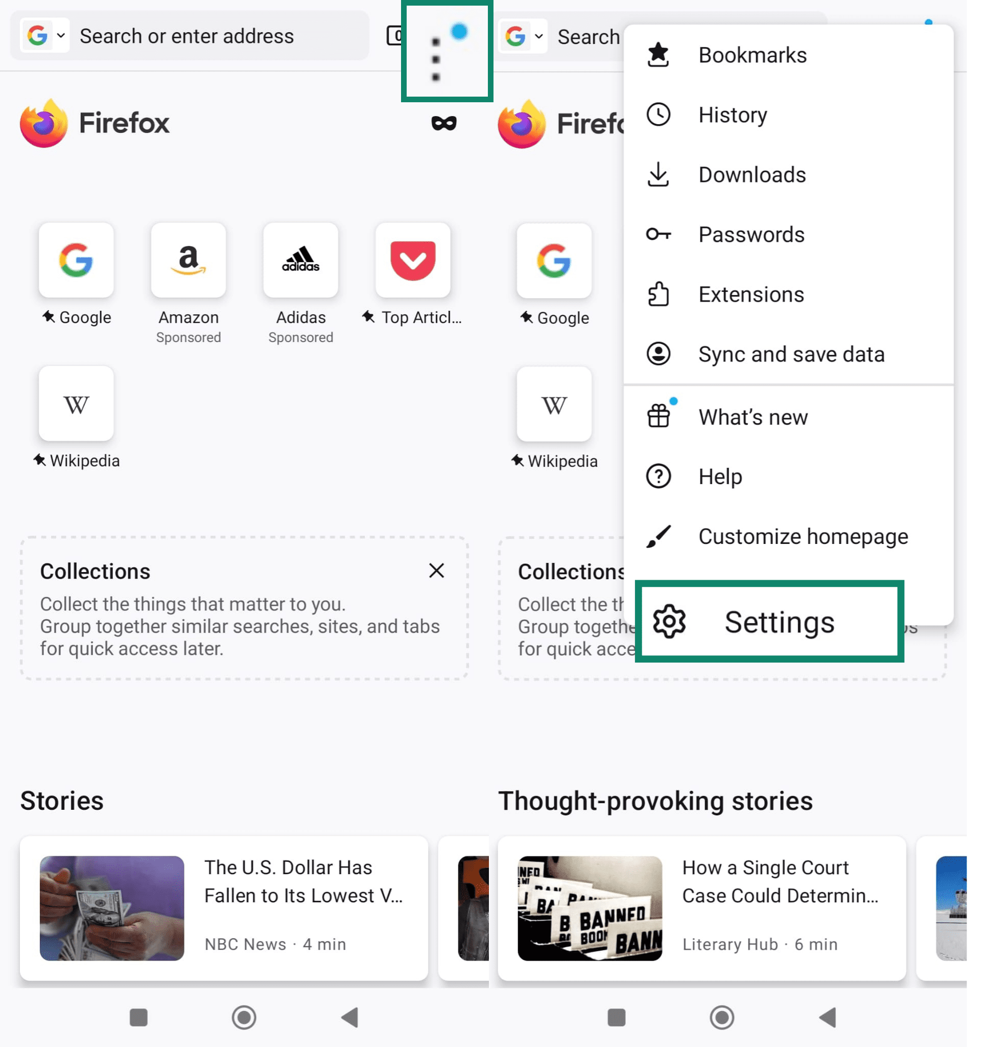 Accessing Firefox settings from the three-dot menu on Android.