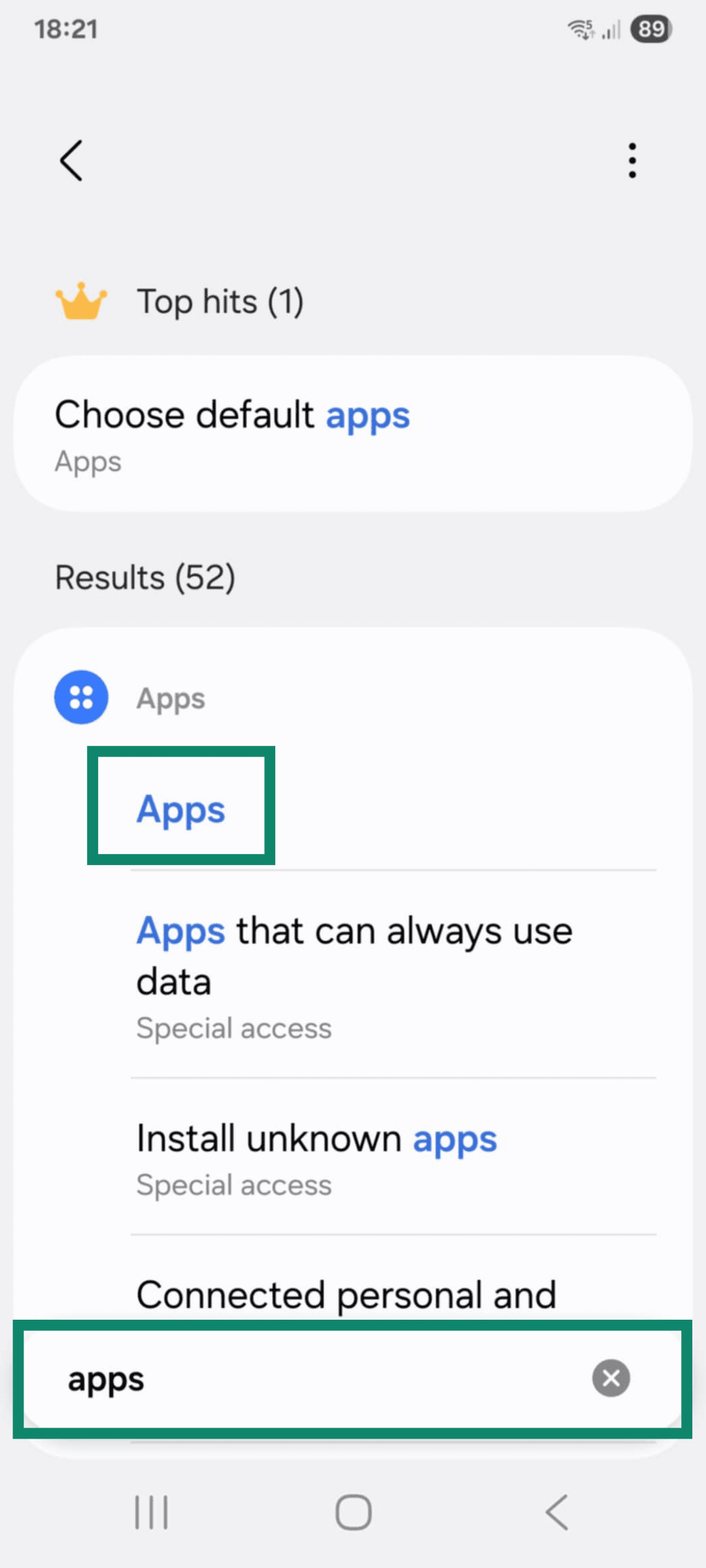 The android settings page once you search for "apps"