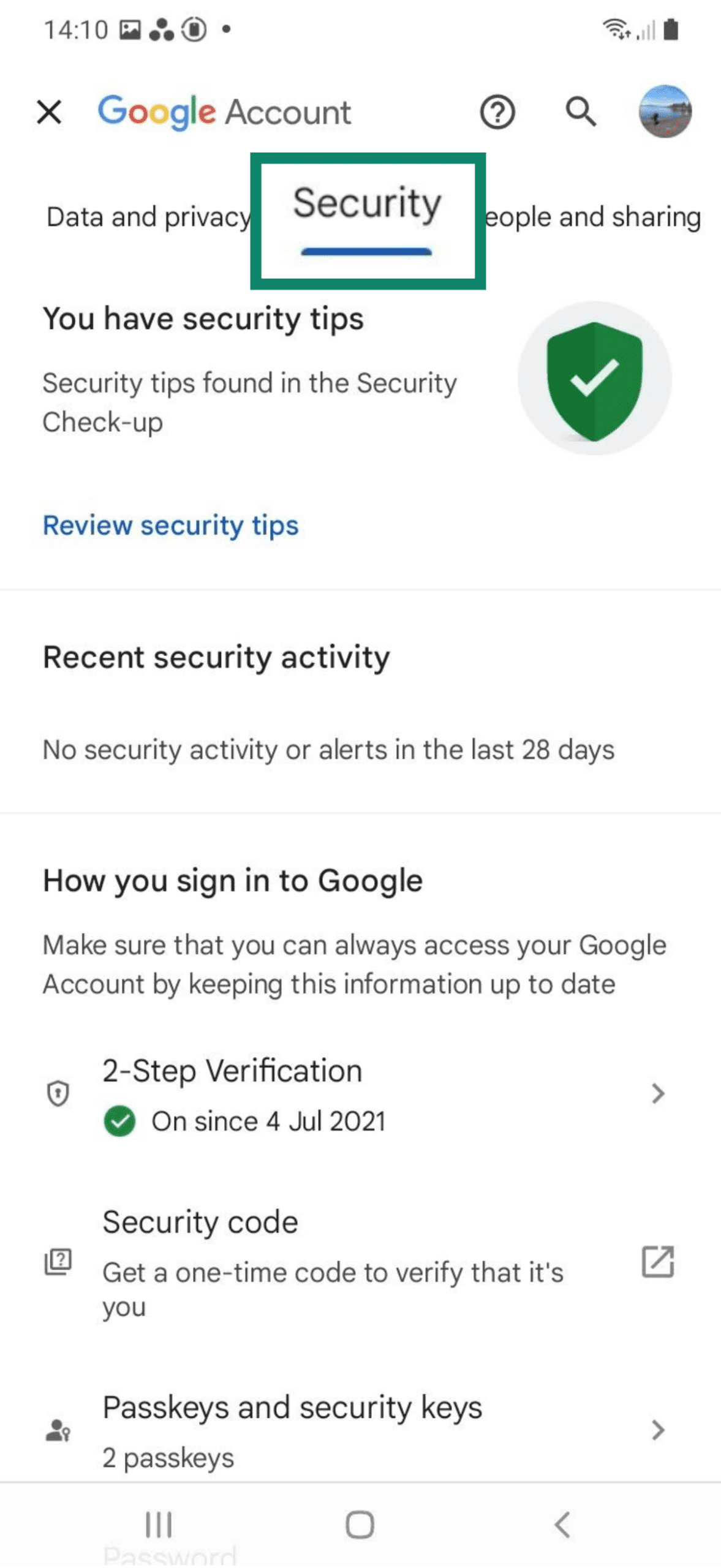 Swipe to the Security tab on Android.