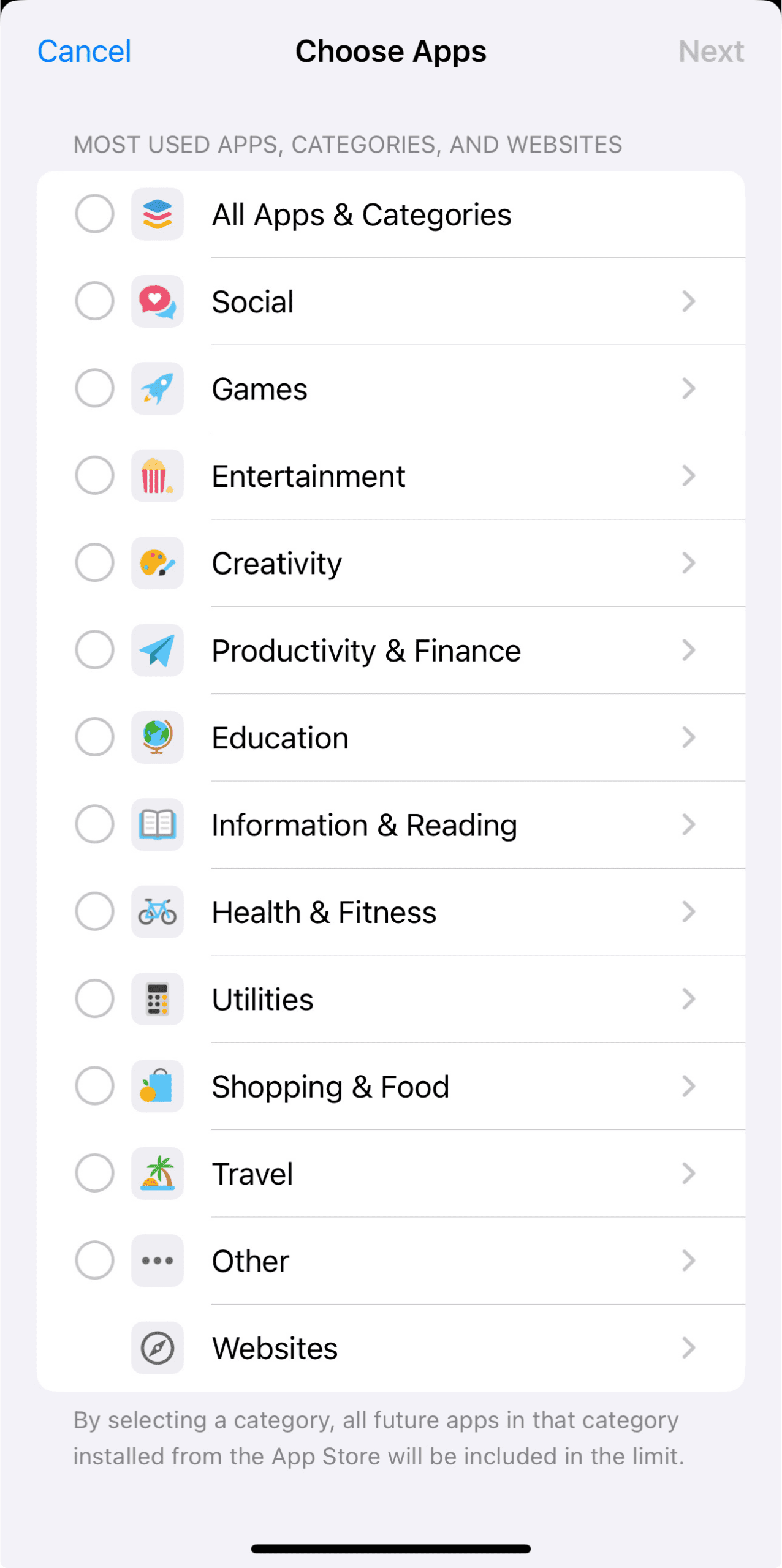 App category selection screen for setting daily limits