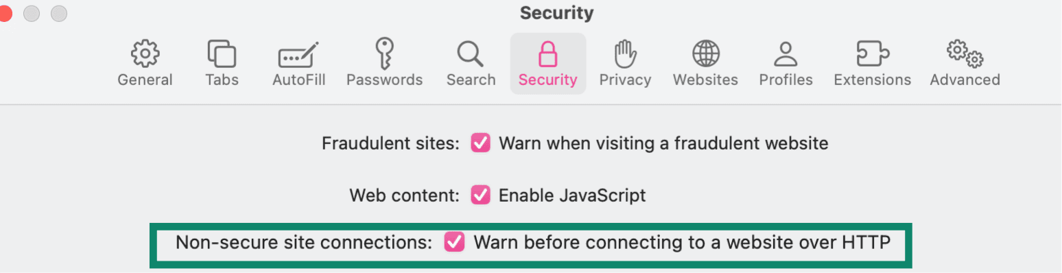Safari Security settings tab on macOS.