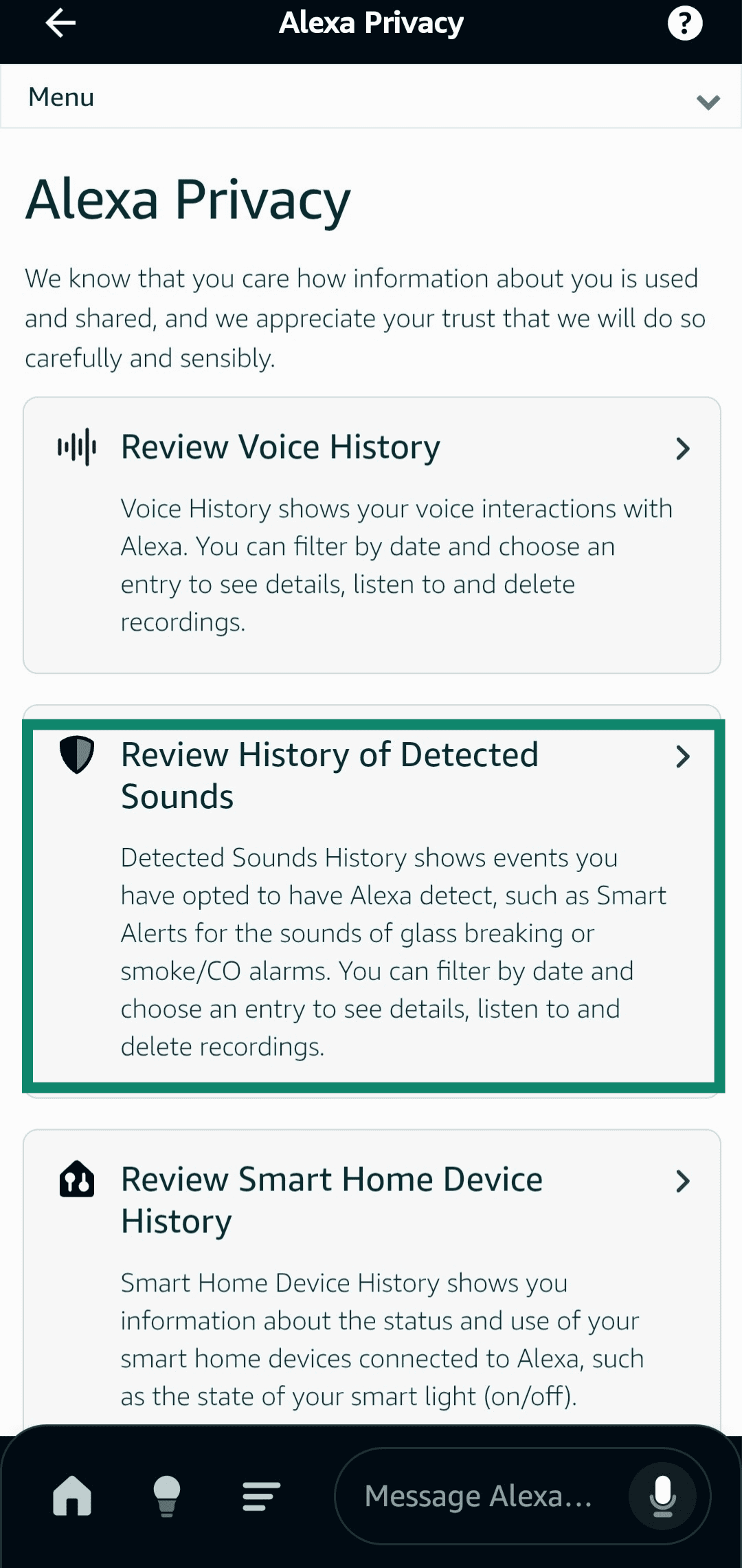 Accessing the Review History of Detected Sounds menu in the Amazon Alexa app.