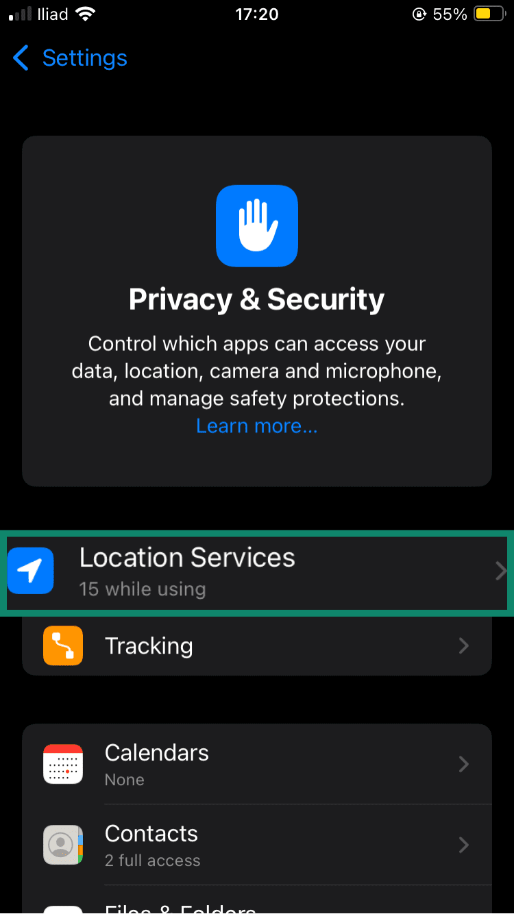 Privacy and Security menu, showing a highlighted "Location Services" option.