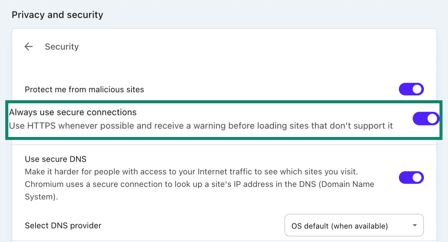 The Opera "Always use secure connections" toggle.