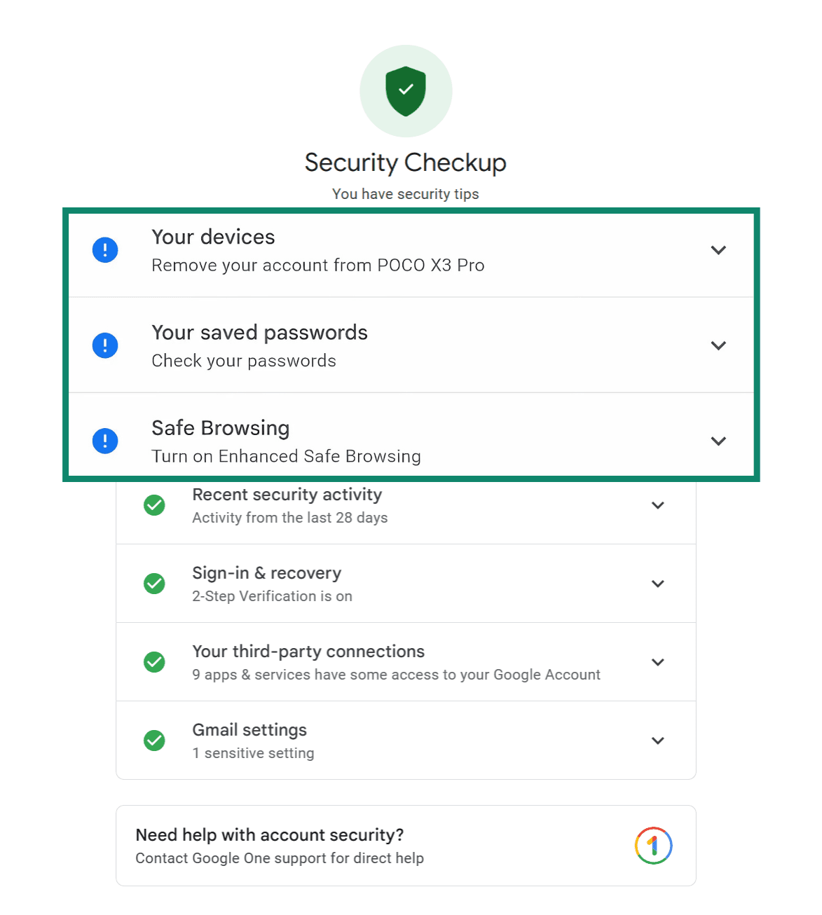 Google Security Checkup page showing security tips to remove an unrecognized device, review saved passwords, and enable Safe Browsing.