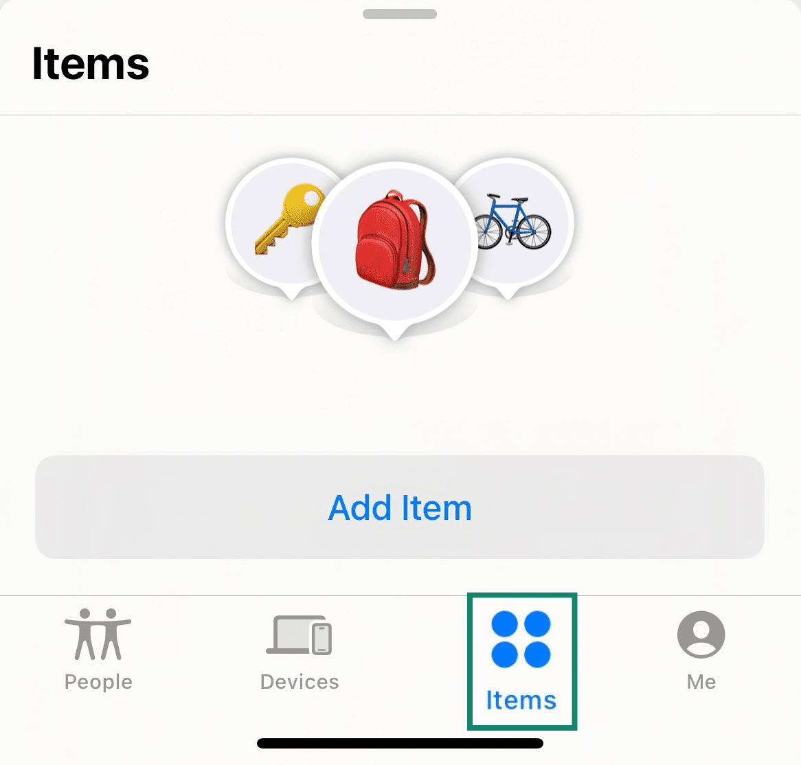 Screenshot of Apple Find My with the Items tab showing.