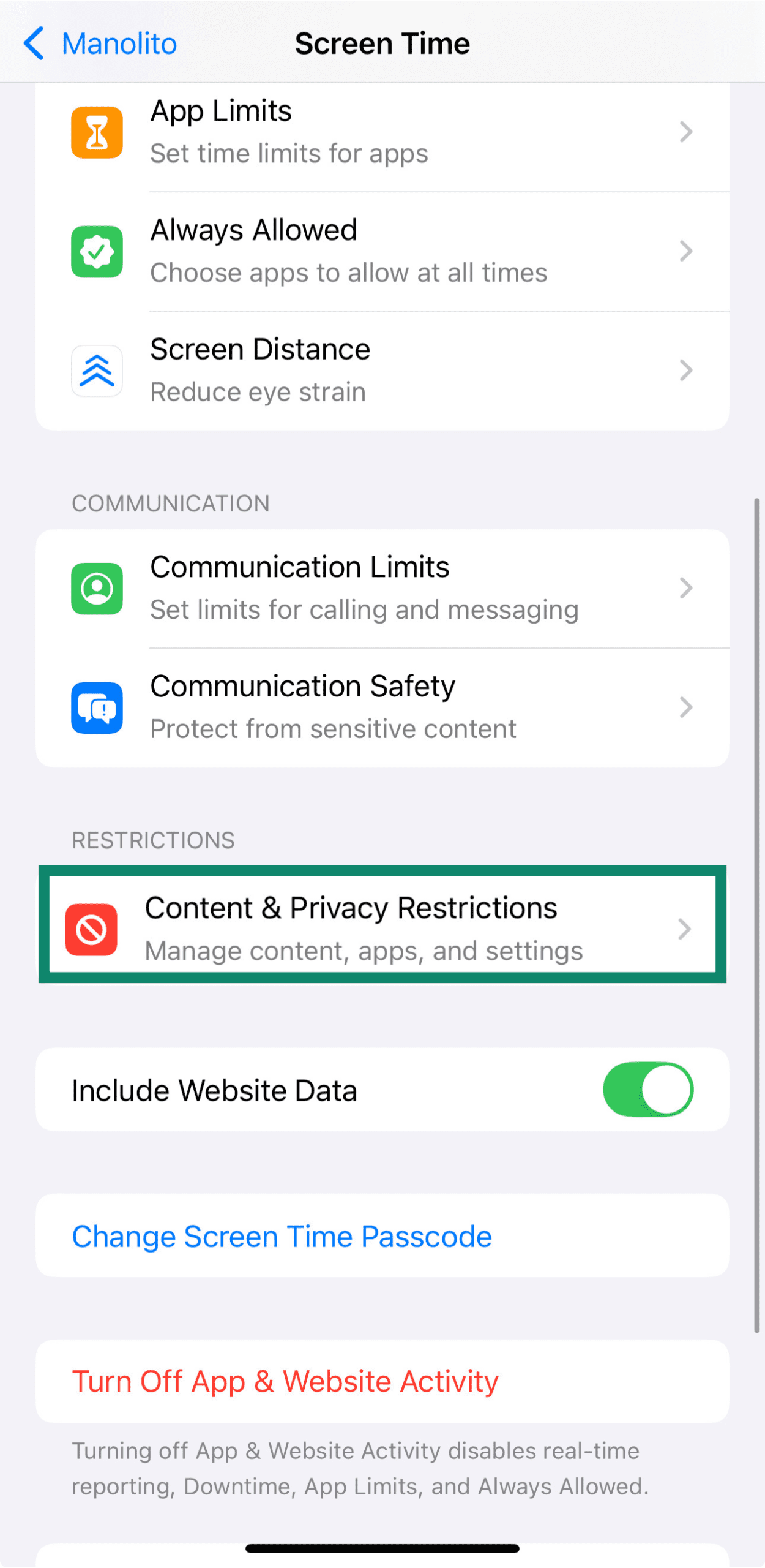 Content & Privacy Restrictions screen on iPhone