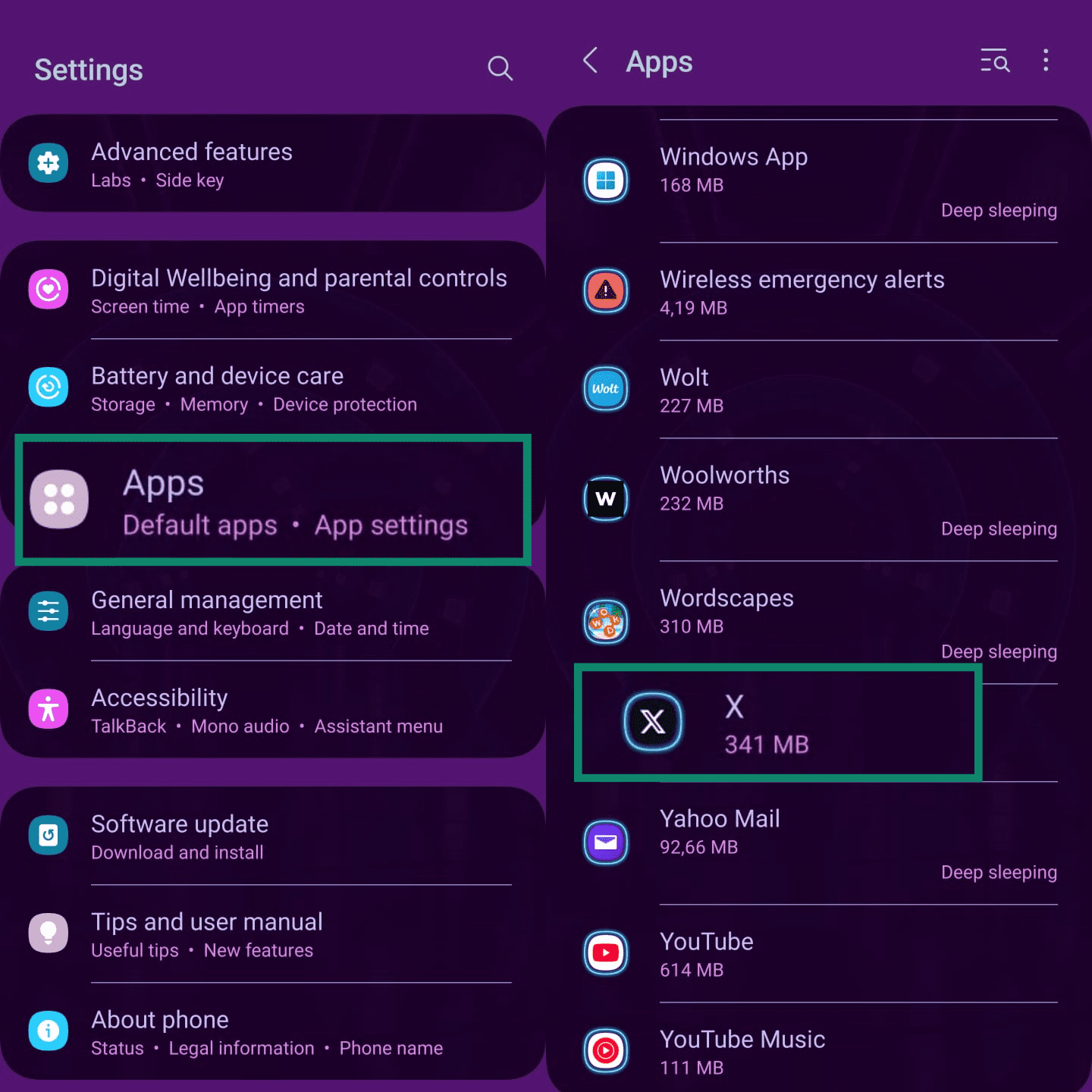 Two side-by-side screenshots of an Android settings menu. The first shows the main settings with the "Apps" option selected, and the second shows the "X" app selected from the list of applications.