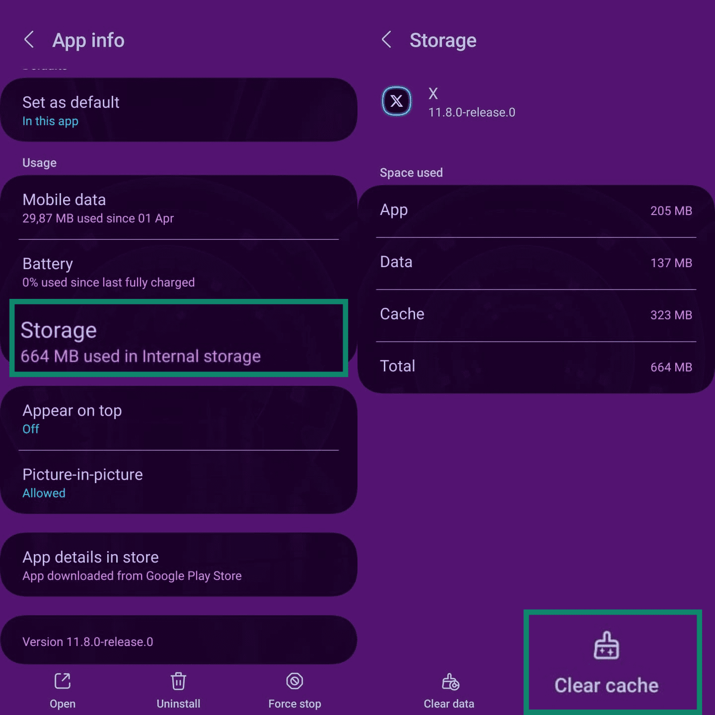 Two side-by-side screenshots showing how to clear the cache for the X app on Android. The first shows the "Storage" option in App info, and the second shows the "Clear cache" button on the Storage screen.