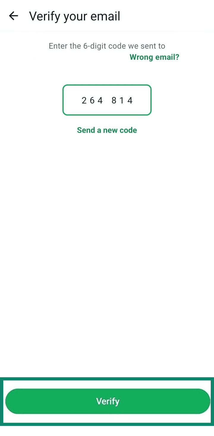 The email verification screen in WhatsApp. It shows a field for a 6-digit code and a 'Verify' button, used to confirm a recovery email address.