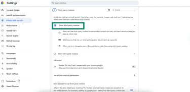 Chrome settings with "Allow third-party cookies" option turned on.