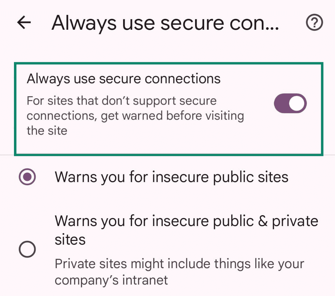 Always use secure connections enabled for warning about insecure sites