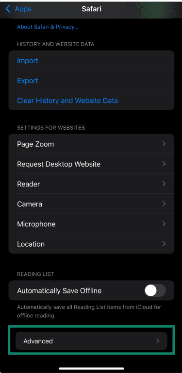 Safari settings on iPhone showing the Advanced option