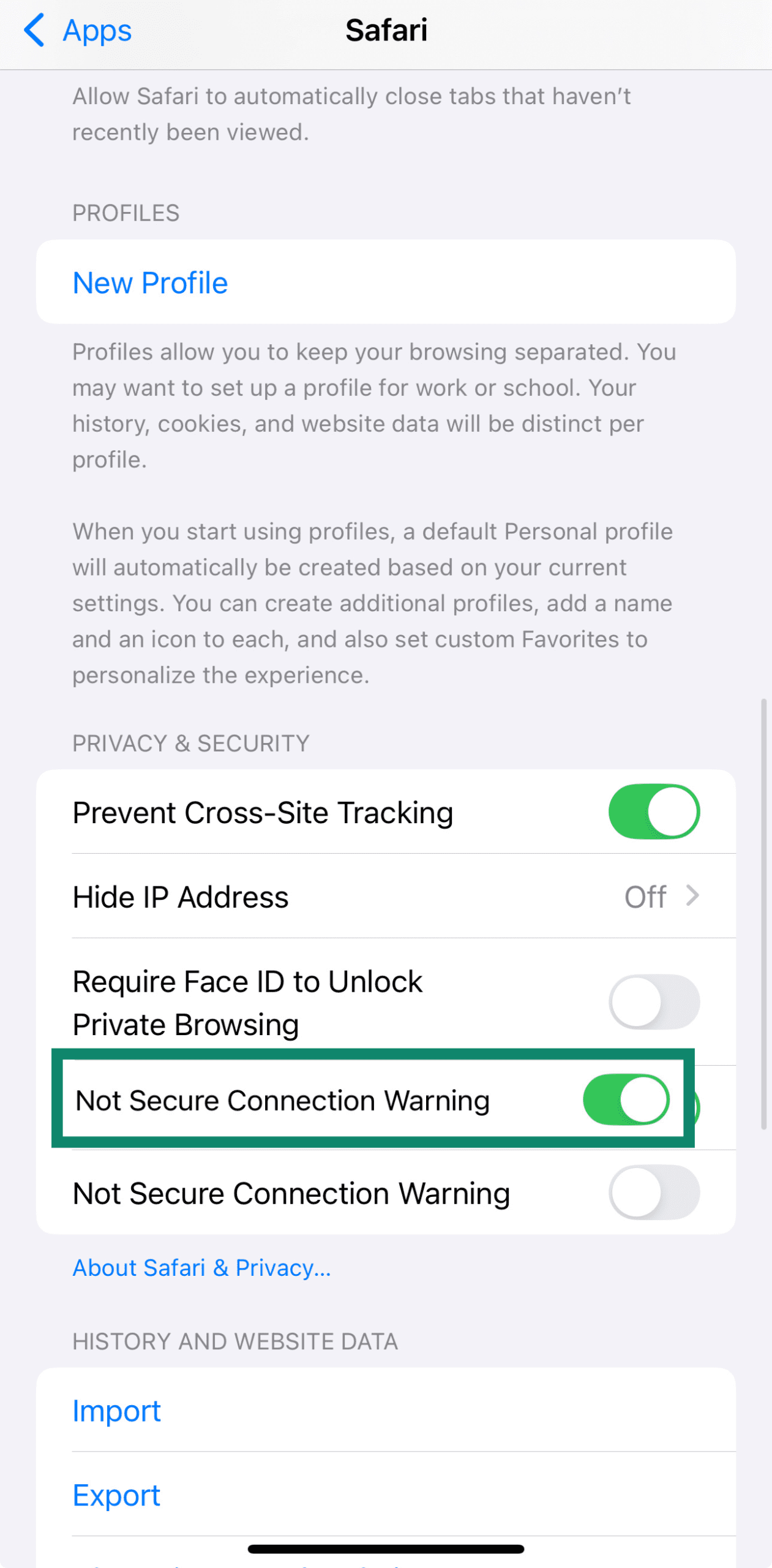 Safari settings on iPhone with Not Secure Connection Warning option highlighted
