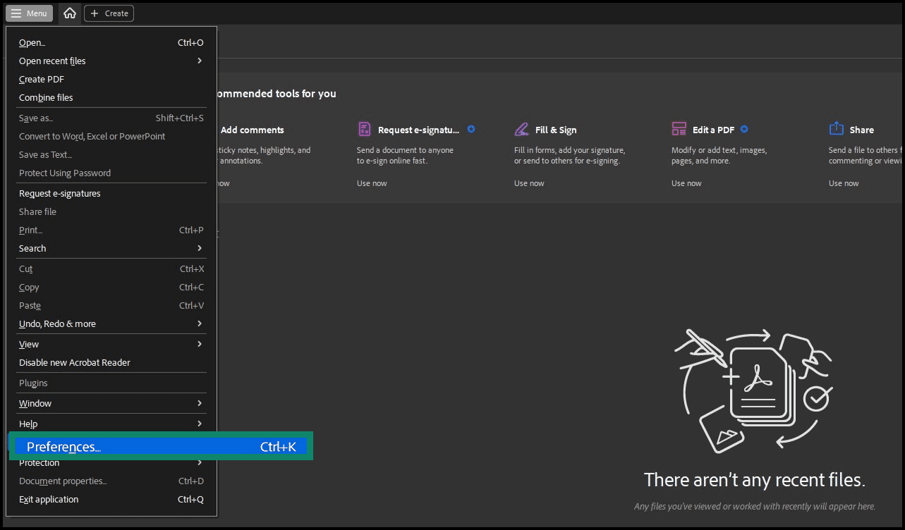 Image of Adobe Acrobat screen showing Preferences.