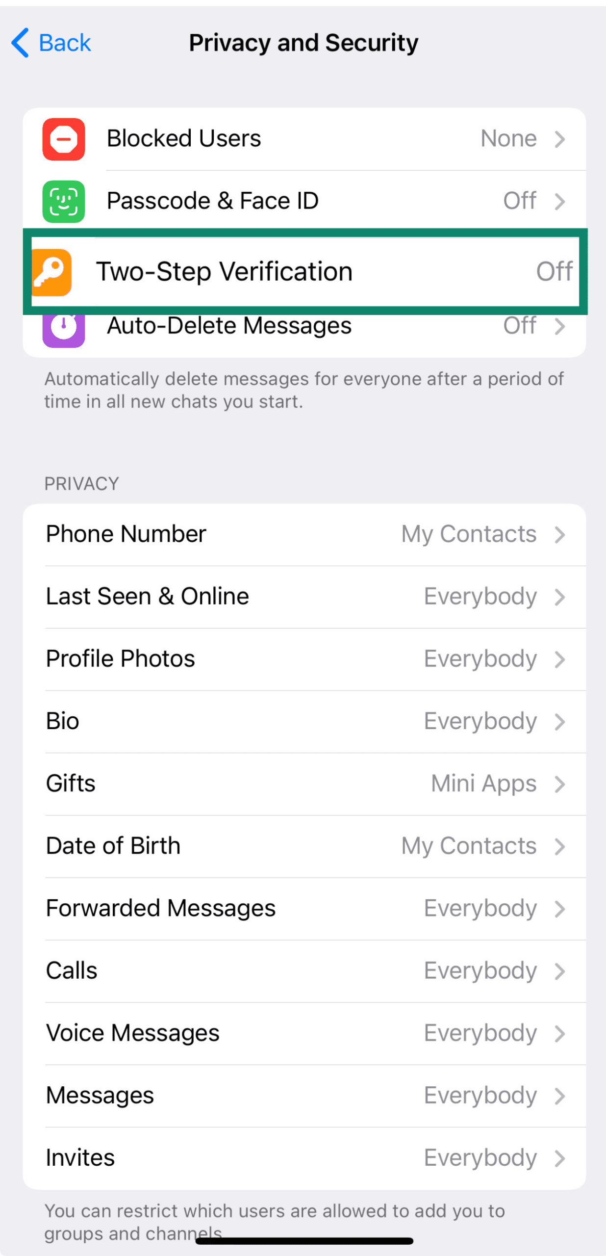 Telegram's Privacy and Security settings highlighting Two-Step Verification.