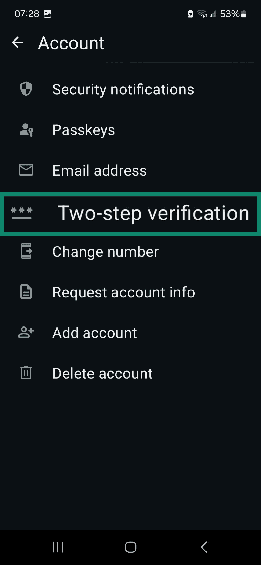 WhatsApp Account tab highlighting Two-step verification.