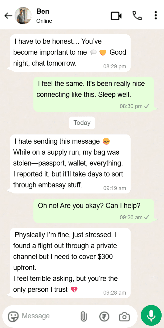 A WhatsApp scam example where a contact claims they sent a verification code by accident, asking, “Can you please send it to me quickly before it expires?