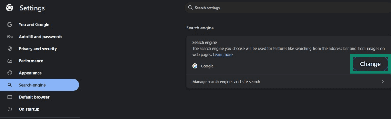 Chrome browser settings showing the Search engine tab, with the default search engine change option highlighted.