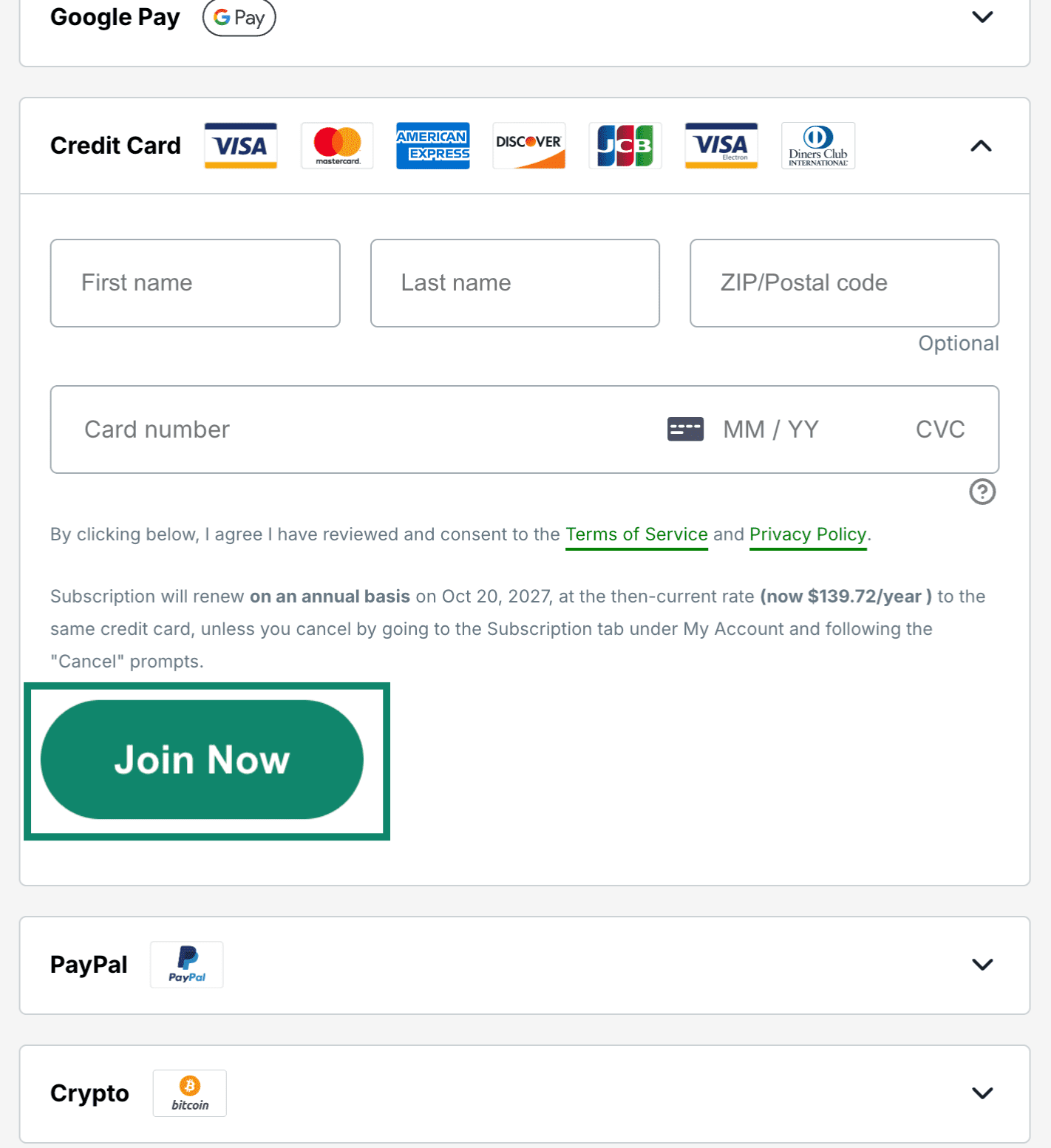 Checkout page for ExpressVPN showing the card details fields.