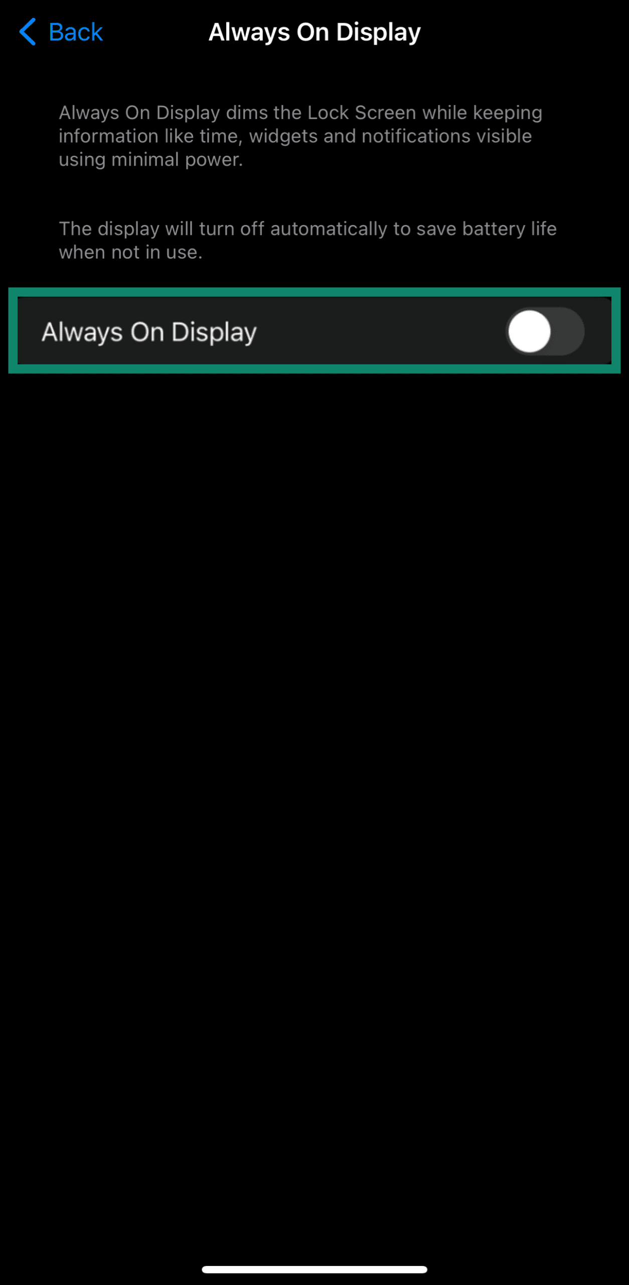 Always On Display toggle in iPhone's settings menu