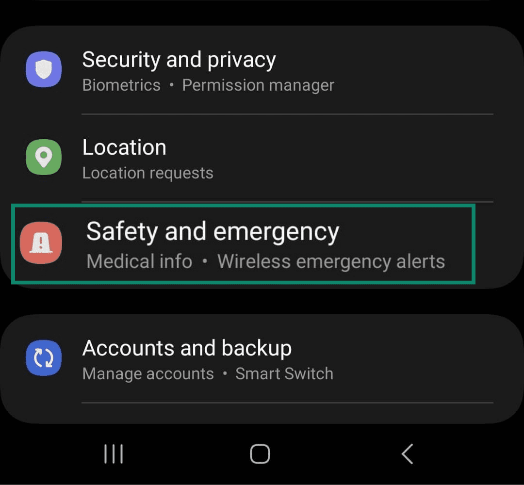 Screenshot of an Android's settings page with Safety and emergency highlighted.