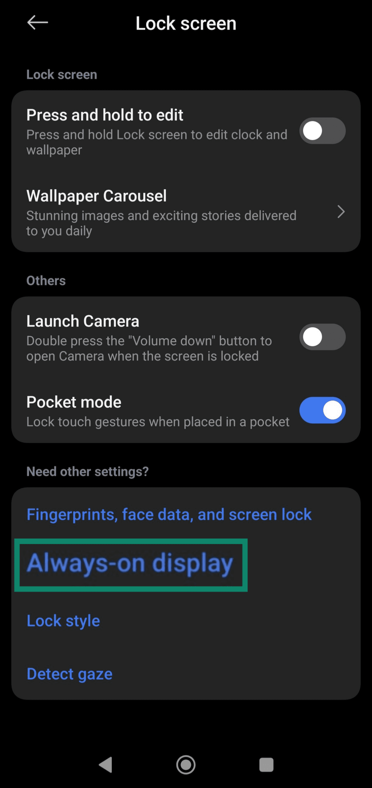 Tapping the Always-on display option in Xiaomi's Lock screen settings menu
