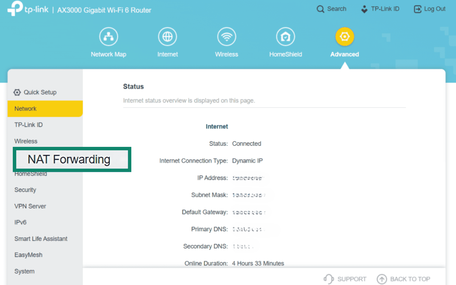 Find NAT settings and enable NAT forwarding.