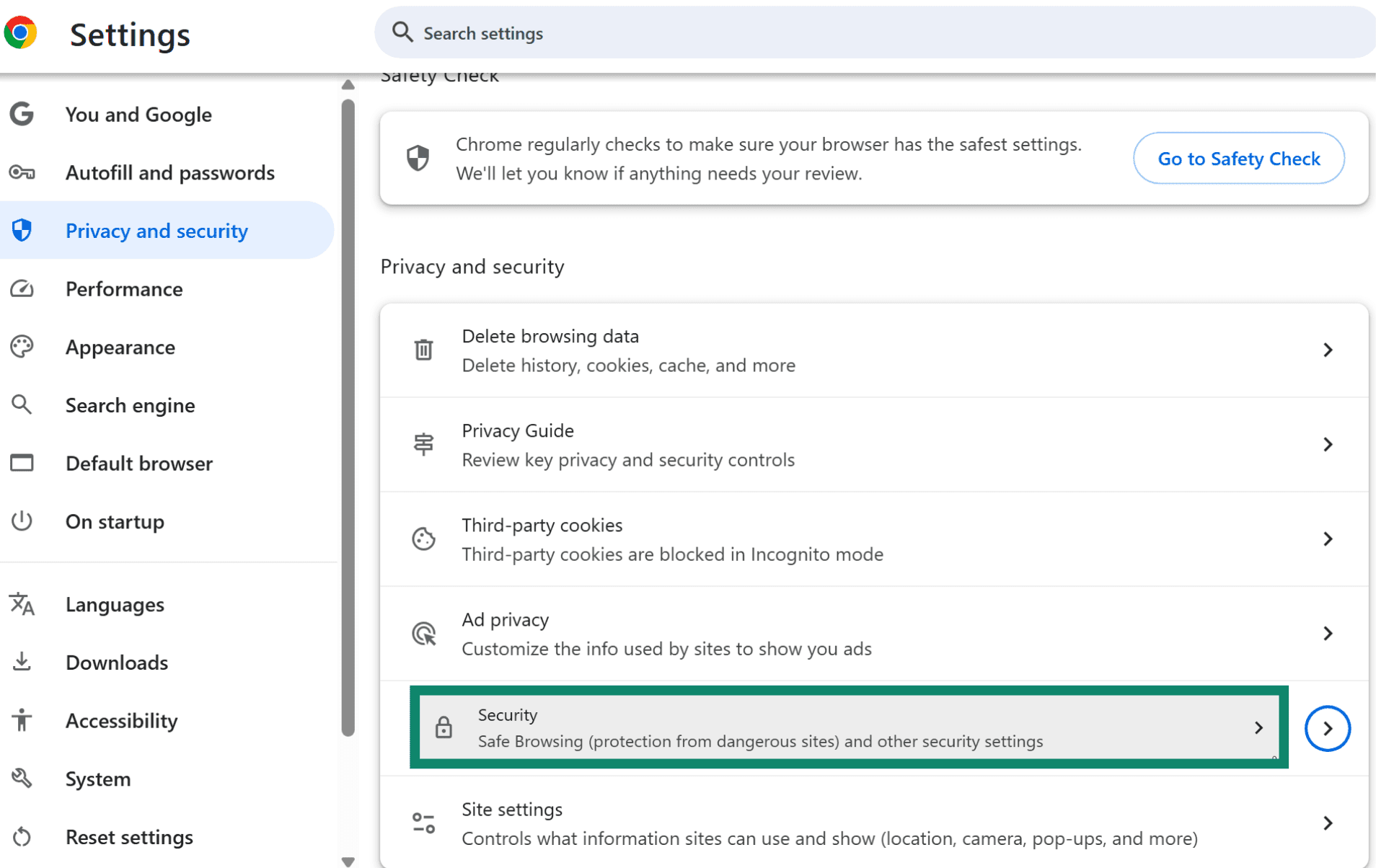 Privacy and security section in Chrome settings with Security option highlighted.