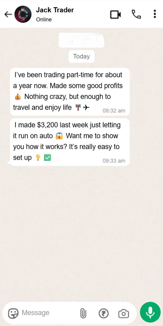 A message promoting a crypto get-rich-quick scam on WhatsApp. The sender boasts, “I made $3,200 last week just letting it run on auto” to lure the recipient.
