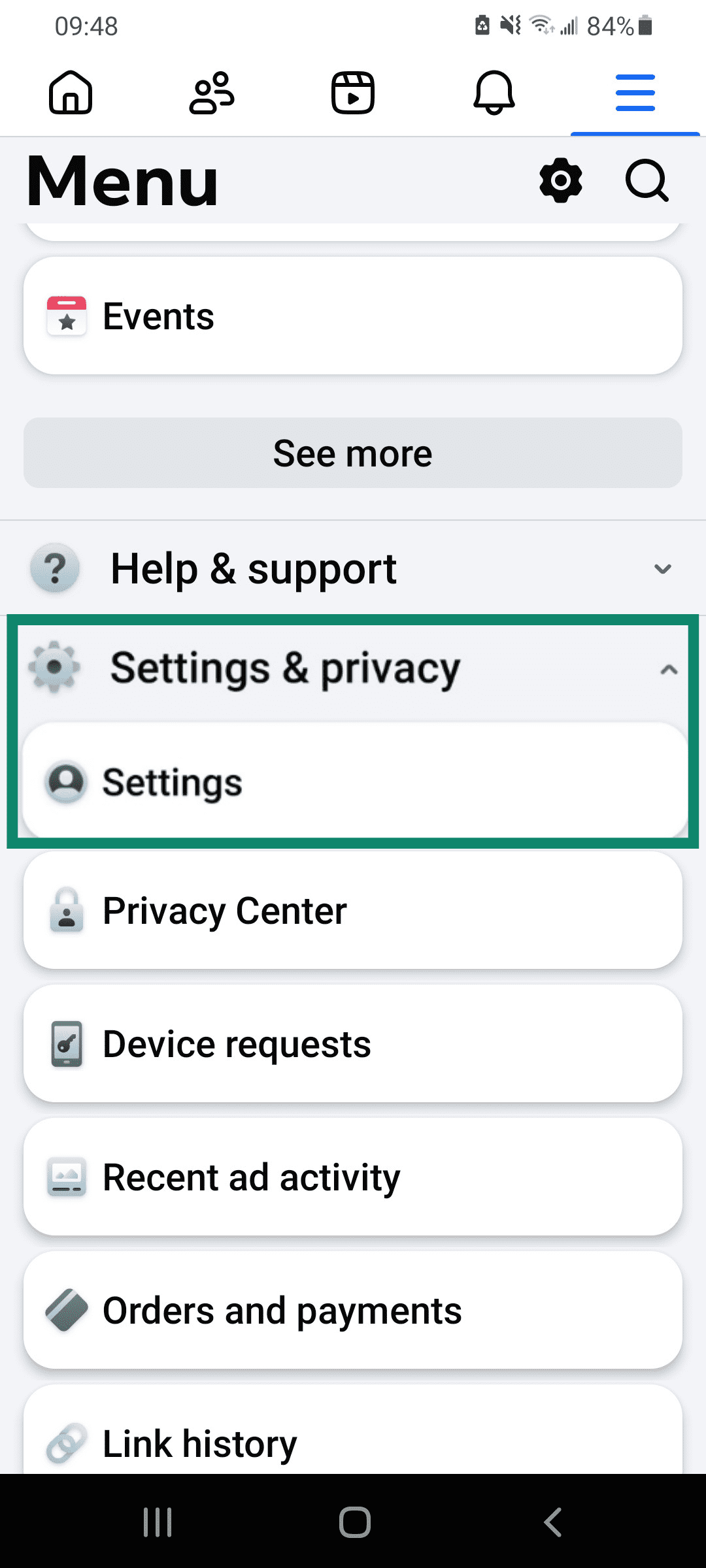 Facebook Android app Menu with Settings & privacy and Settings highlighted.
