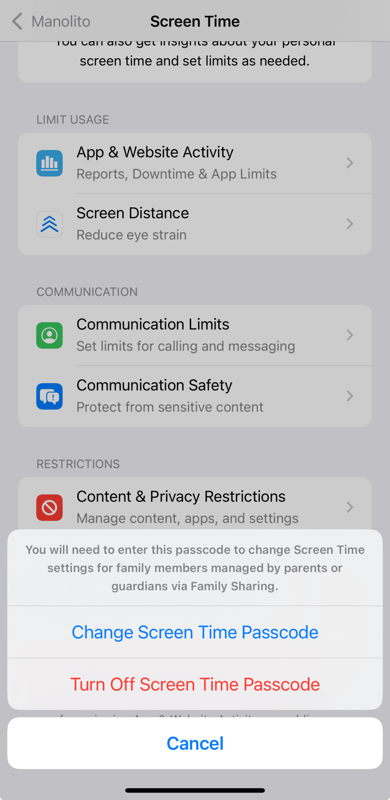 Options to change or turn off Screen Time passcode on iPhone