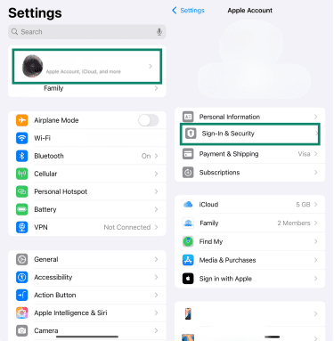 iPhone Settings showing Apple ID menu and Sign-In & Security option.