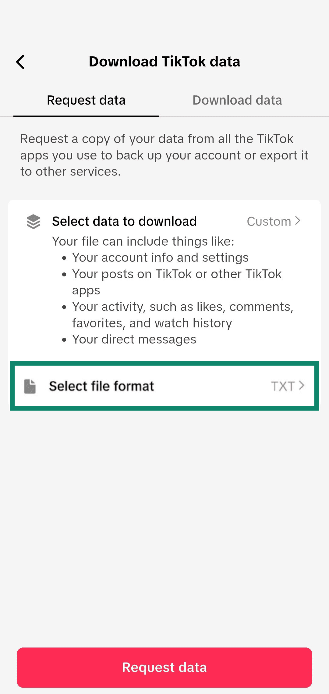 Screenshot showing how to cohose a file format for downloading TikTok data
