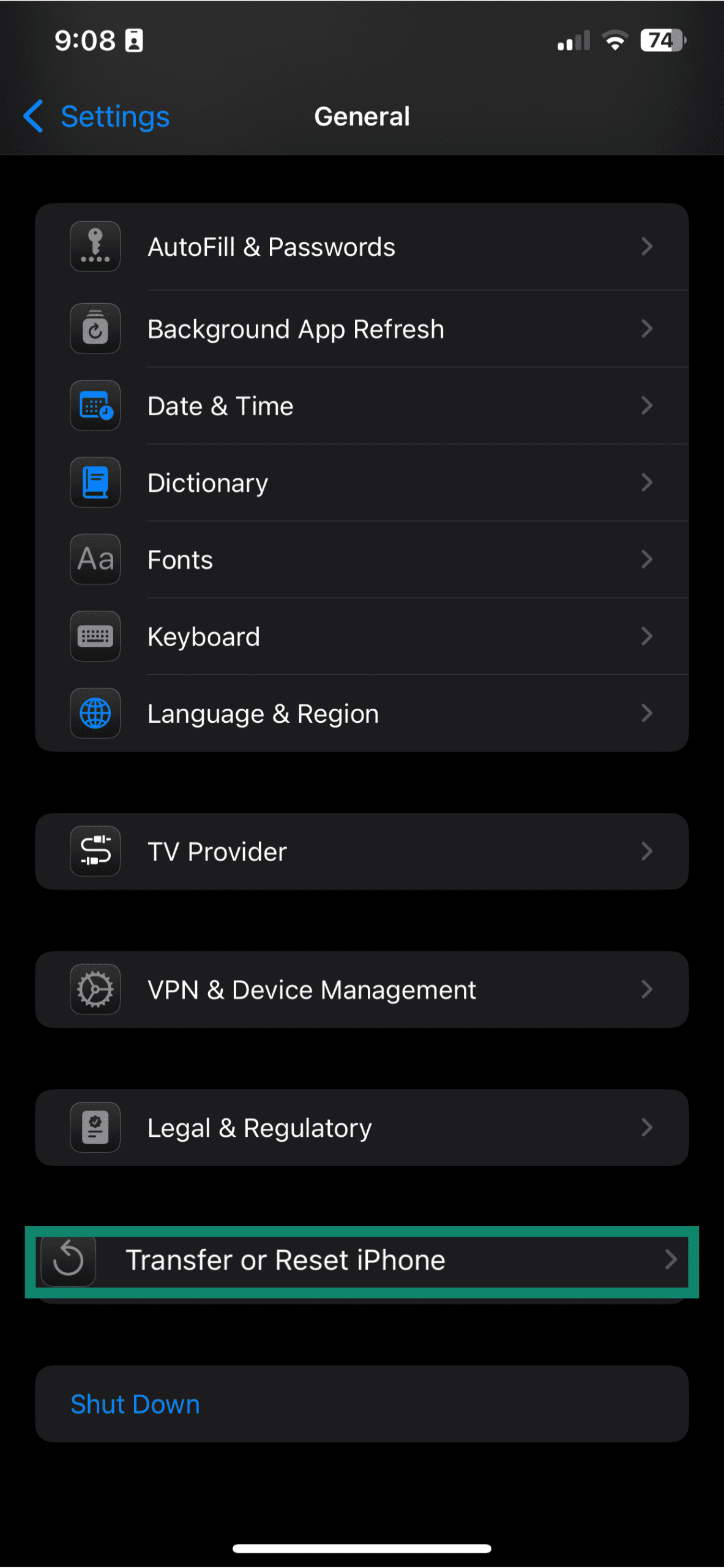 The General settings menu of an iPhone, with the Transfer or Reset iPhone option highlighted.