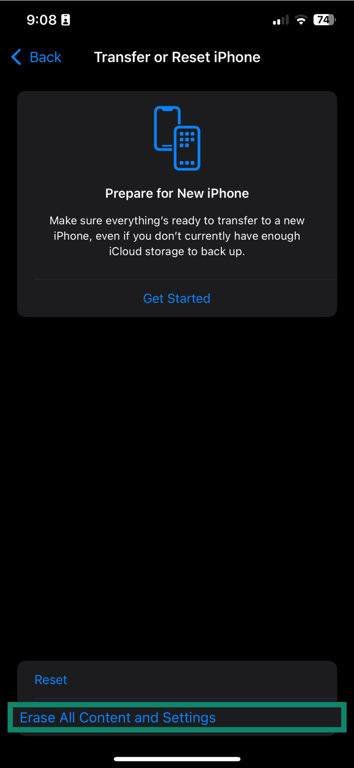 The Transfer or Reset iPhone menu, showing the Erase All Content and Settings button.