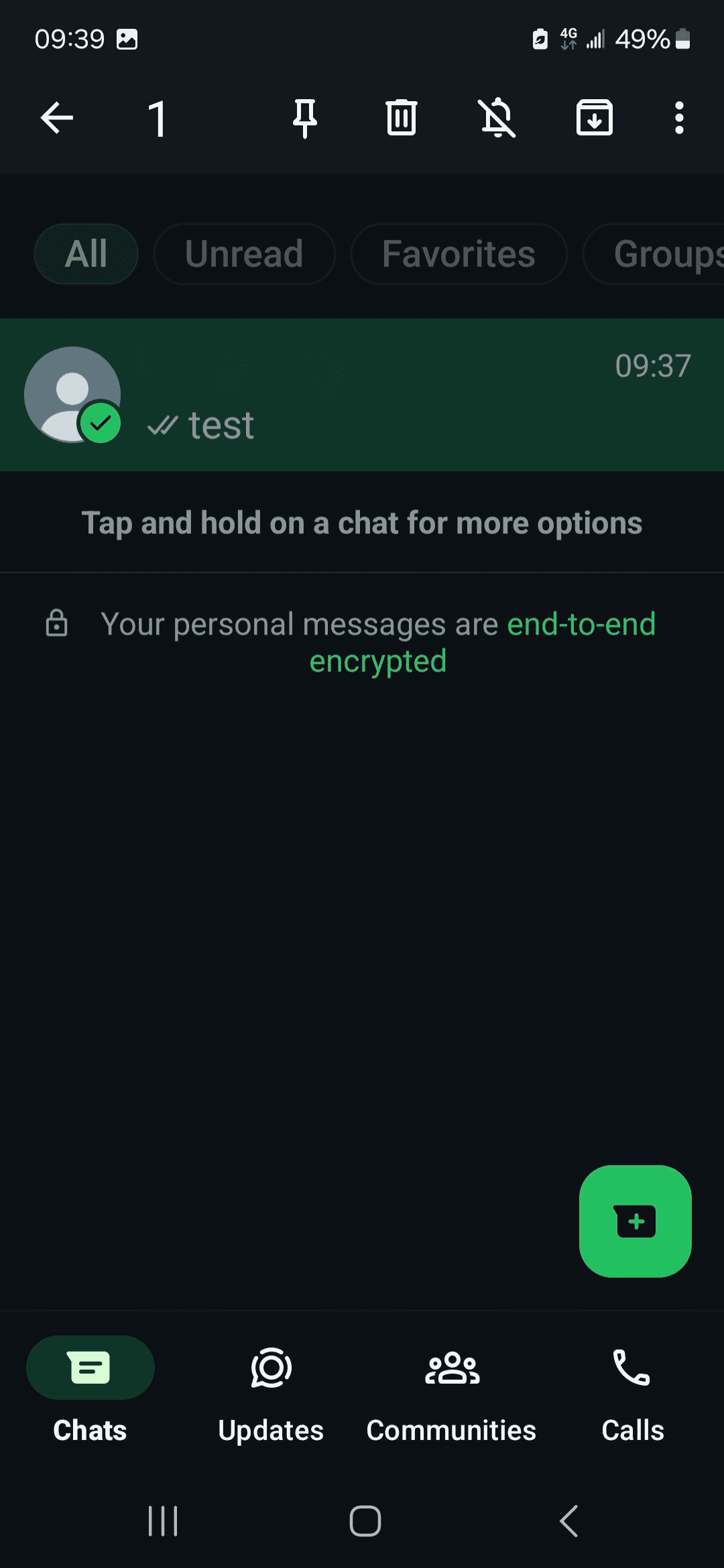 WhatsApp Chats tab with a chat highlighted
