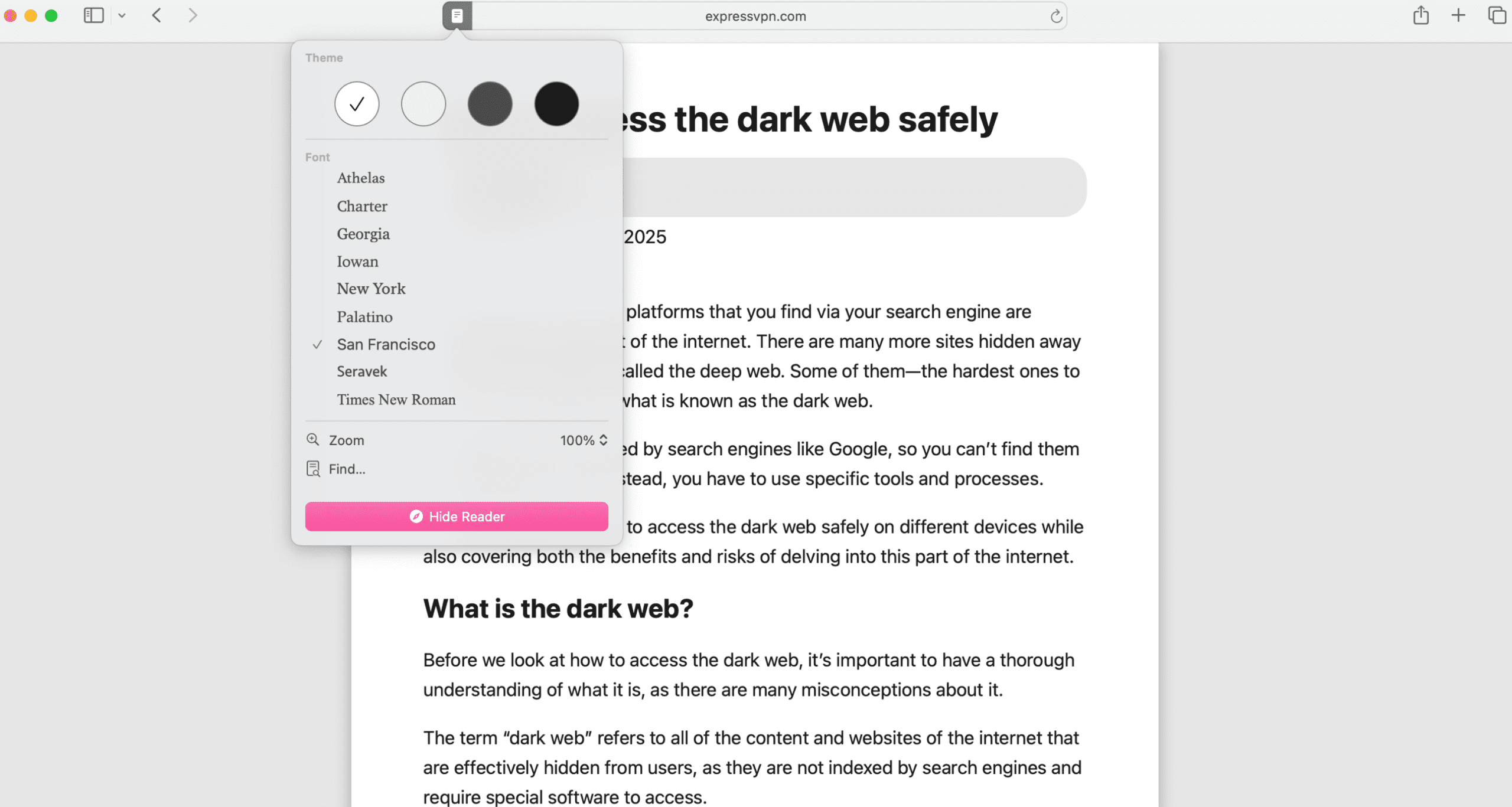 Screen showing how to adjust reader mode settings in Safari.