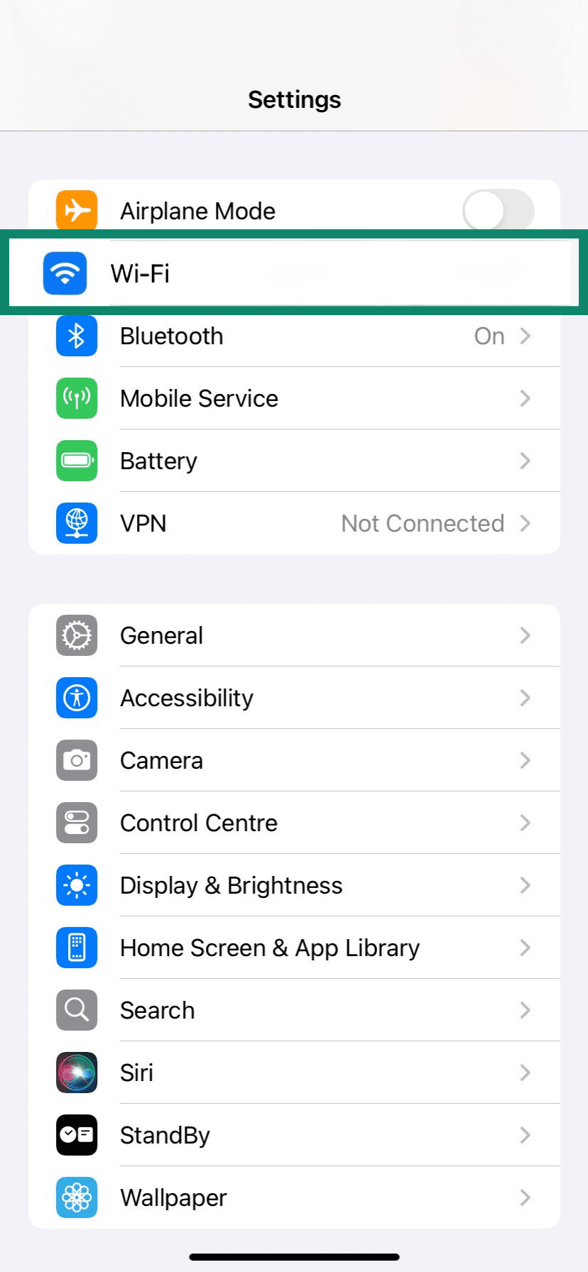 iOS Settings page with the Wi-Fi option highlighted