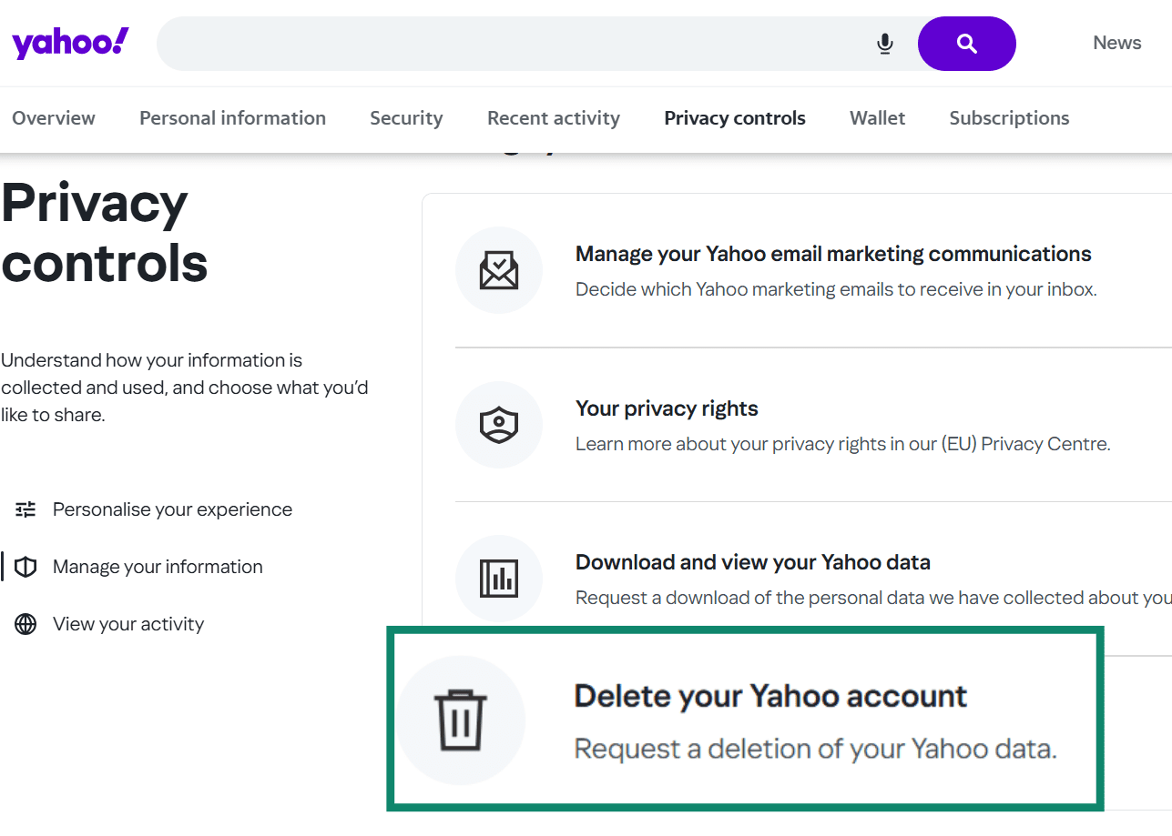 Yahoo Privacy Controls Dashboard, with the Delete your Yahoo account option highlighted.