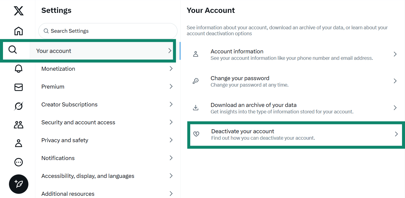 Two side-by-side screenshots of the X settings menu. The first shows "Your account" selected, and the second shows the "Deactivate your account" option highlighted.