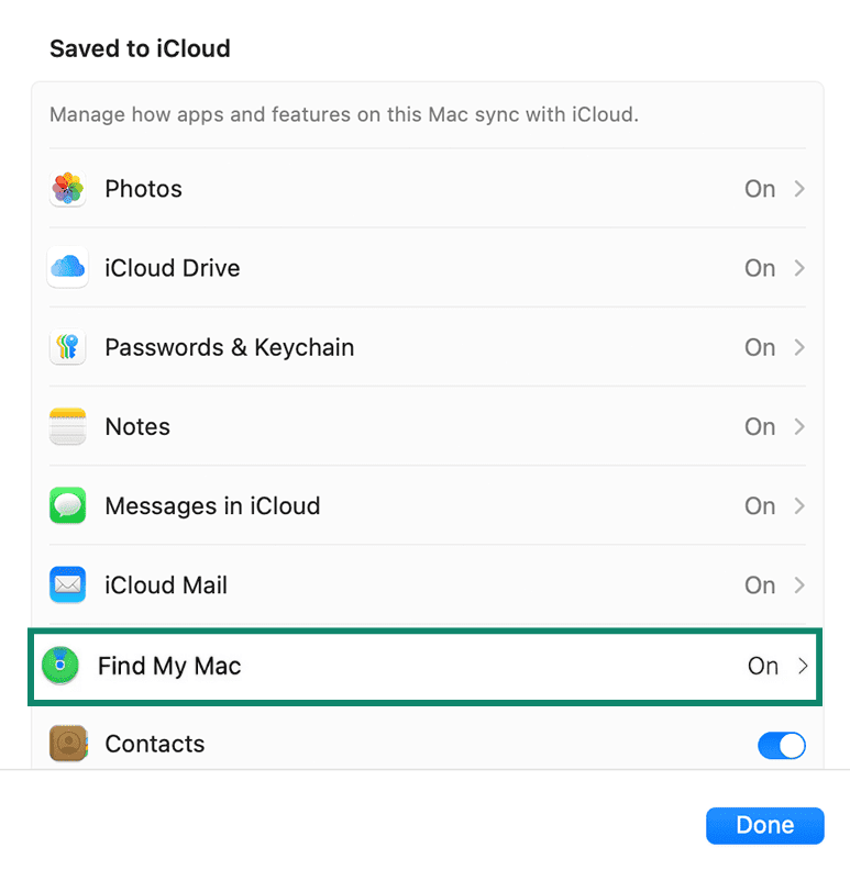 Saved to iCloud menu with Find My Mac highlighted.