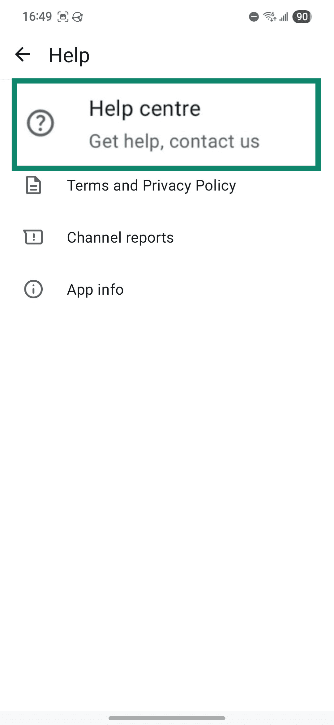 WhatsApp Help center option in Help settings.
