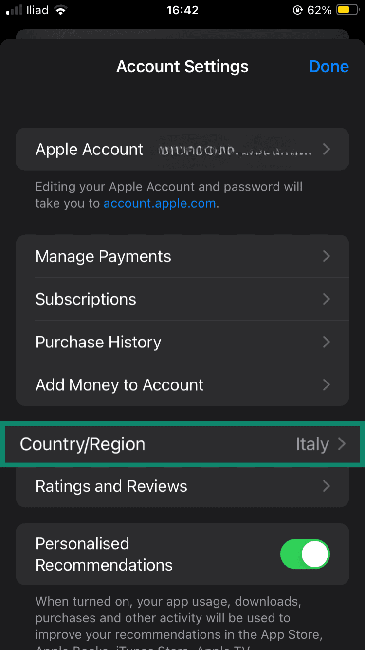 Apple Account settings menu, showing the Country and Region option highlighted.