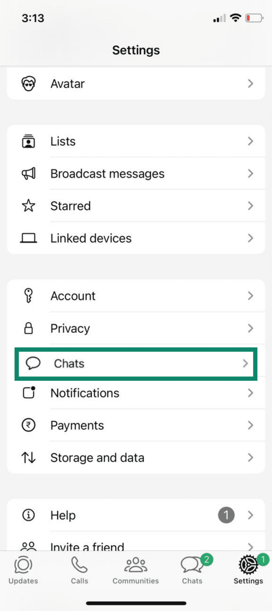 WhatsApp Settings menu on iPhone with Chats option highlighted