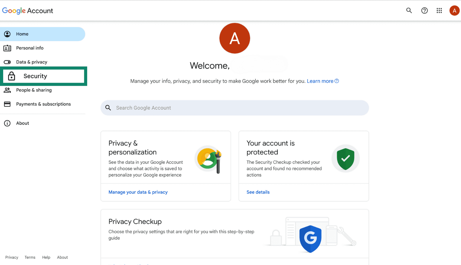 Google Account dashboard with the Security tab highlighted in the left-hand menu. 